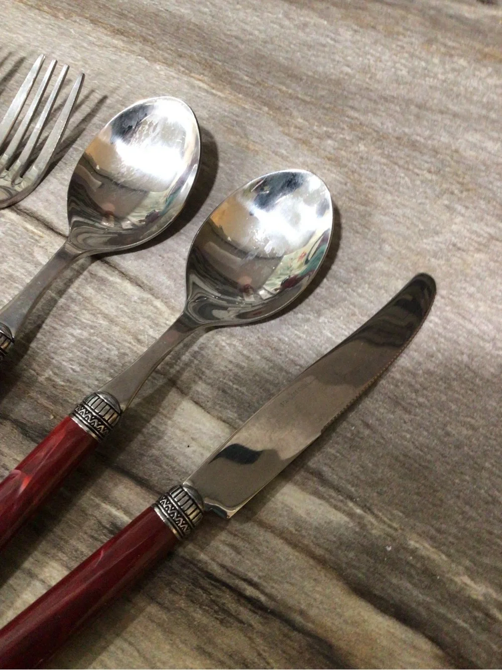 Red Marbled Acrylic Handle Flatware Set Stainless Steel Ornate 6 Piece